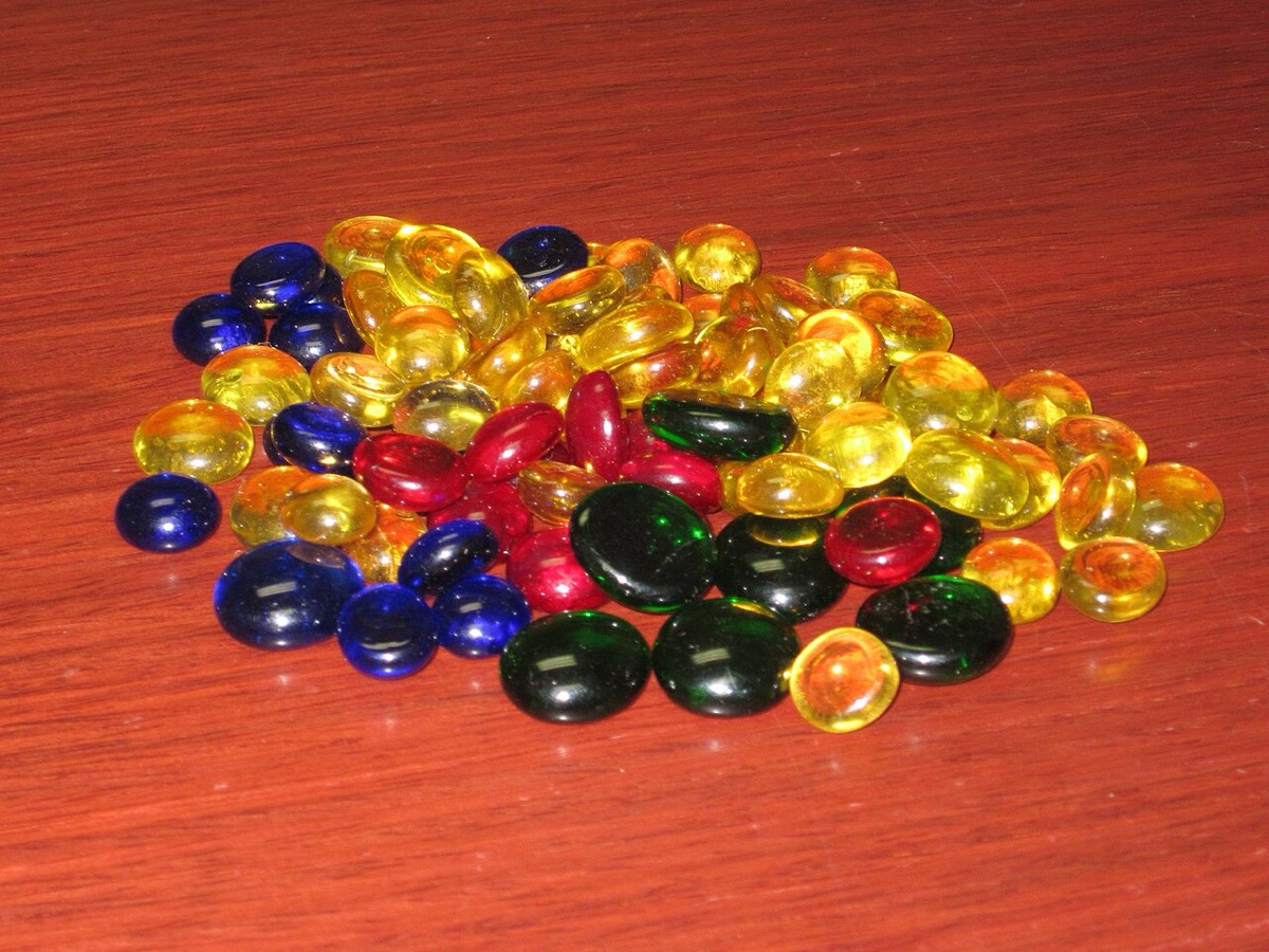 Coloured glass beads on a table